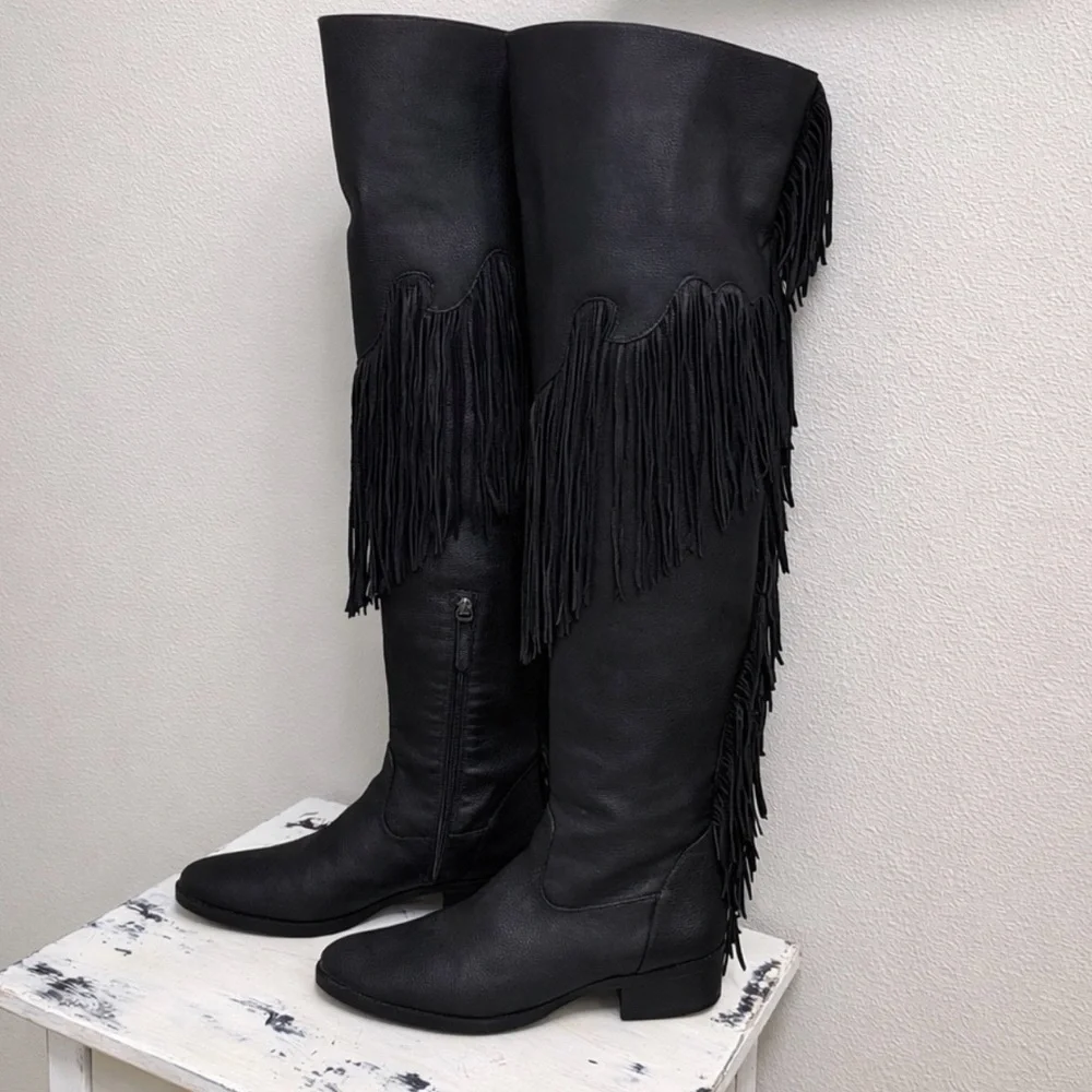 SCHUTZ Kin Black Leather OTK Fringe Boots 9 NWOT Rare Dust Bag Boot Keepers